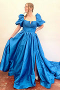 Lynette | Vestido de fiesta fucsia de corte en A con escote cuadrado y mangas abullonadas