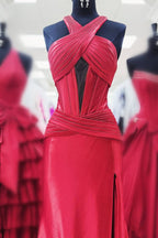 Veda | Robe de bal sirène fendue en satin vert avec encolure croisée 