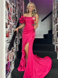 Gail | Robe longue de soirée sirène fuchsia asymétrique avec fente 