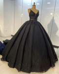 Robe de bal en dentelle noire pour mariage, robe de soirée à fines bretelles S22981