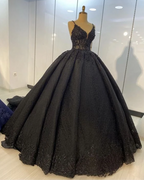 Robe de bal en dentelle noire pour mariage, robe de soirée à fines bretelles S22981
