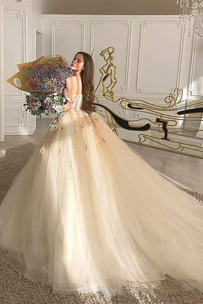 Precioso vestido de fiesta con hombros descubiertos, encaje floral color champán, vestido largo de noche formal color champán con flores 3D, vestido de gala color champán S20716