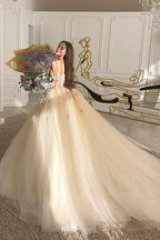 Precioso vestido de fiesta con hombros descubiertos, encaje floral color champán, vestido largo de noche formal color champán con flores 3D, vestido de gala color champán S20716