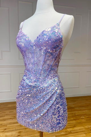 Robe de bal de fin d'année lilas à paillettes et appliques scintillantes