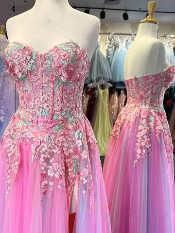 Georgia | Vestido largo de fiesta de corte A con escote corazón, apliques de encaje y abertura