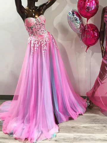 Georgia | Vestido largo de fiesta de corte A con escote corazón, apliques de encaje y abertura