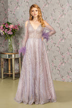 Vestido largo de fiesta de corte A con lentejuelas y mangas largas