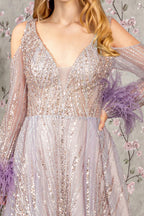Vestido largo de fiesta de corte A con lentejuelas y mangas largas