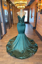 Robe de bal sirène Glamorou à col en V sans manches et dos nu avec perles