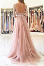 Glamorous Applique Long Sleeves Prom Dresses Open Back Jewel Split Evening Dresses with Belt