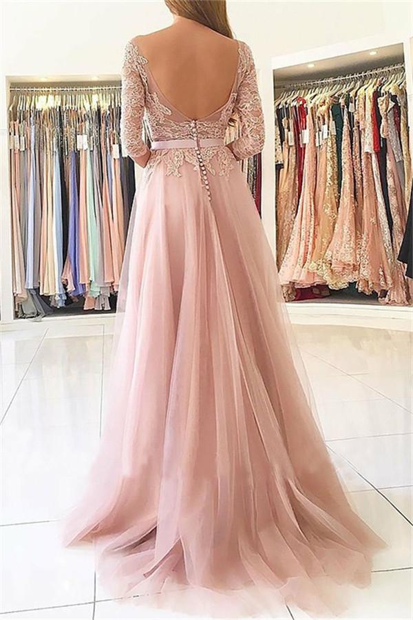 Glamorous Applique Long Sleeves Prom Dresses Open Back Jewel Split Evening Dresses with Belt