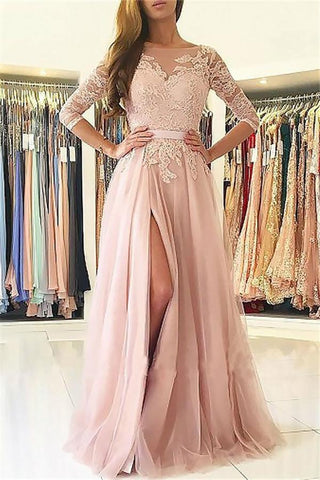 Vestidos de fiesta glamurosos de manga larga con apliques, espalda descubierta, abertura con joyas y cinturón.
