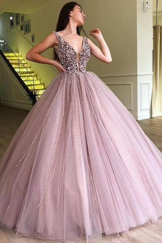 Glamorous Ball Gown Tulle Beading Straps Sleeveless Formal Dresses