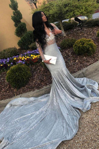 Vestidos de fiesta sirena de manga larga con apliques de cuentas glamorosos y cola de corte.