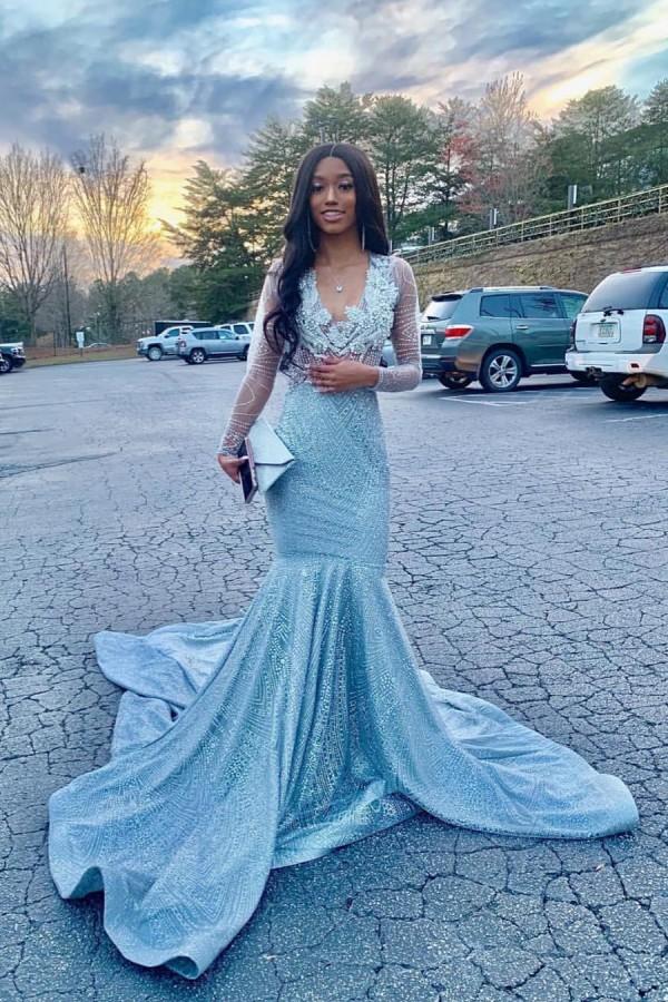 Glamorous Beading Appliques Court Train Long Sleeves Mermaid Prom Dresses