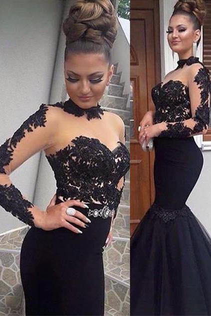 Glamorous Black Lace Formal DressesLong Sleevess Mermaid Long Party Dress