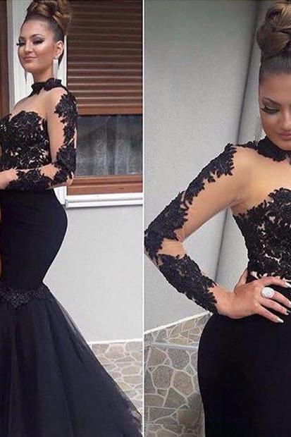Glamorous Black Lace Formal DressesLong Sleevess Mermaid Long Party Dress