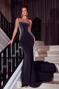 Robe de soirée sirène noire glamour à paillettes, asymétrique, sans manches