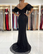 Glamorous Black Mermaid Sequins Prom Dress Long Split Off-the-Shoulder