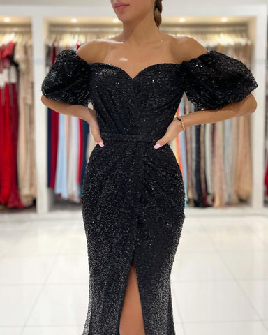 Robe de bal sirène noire glamour à sequins, longue fente, épaules dénudées