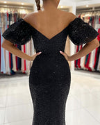 Glamorous Black Mermaid Sequins Prom Dress Long Split Off-the-Shoulder