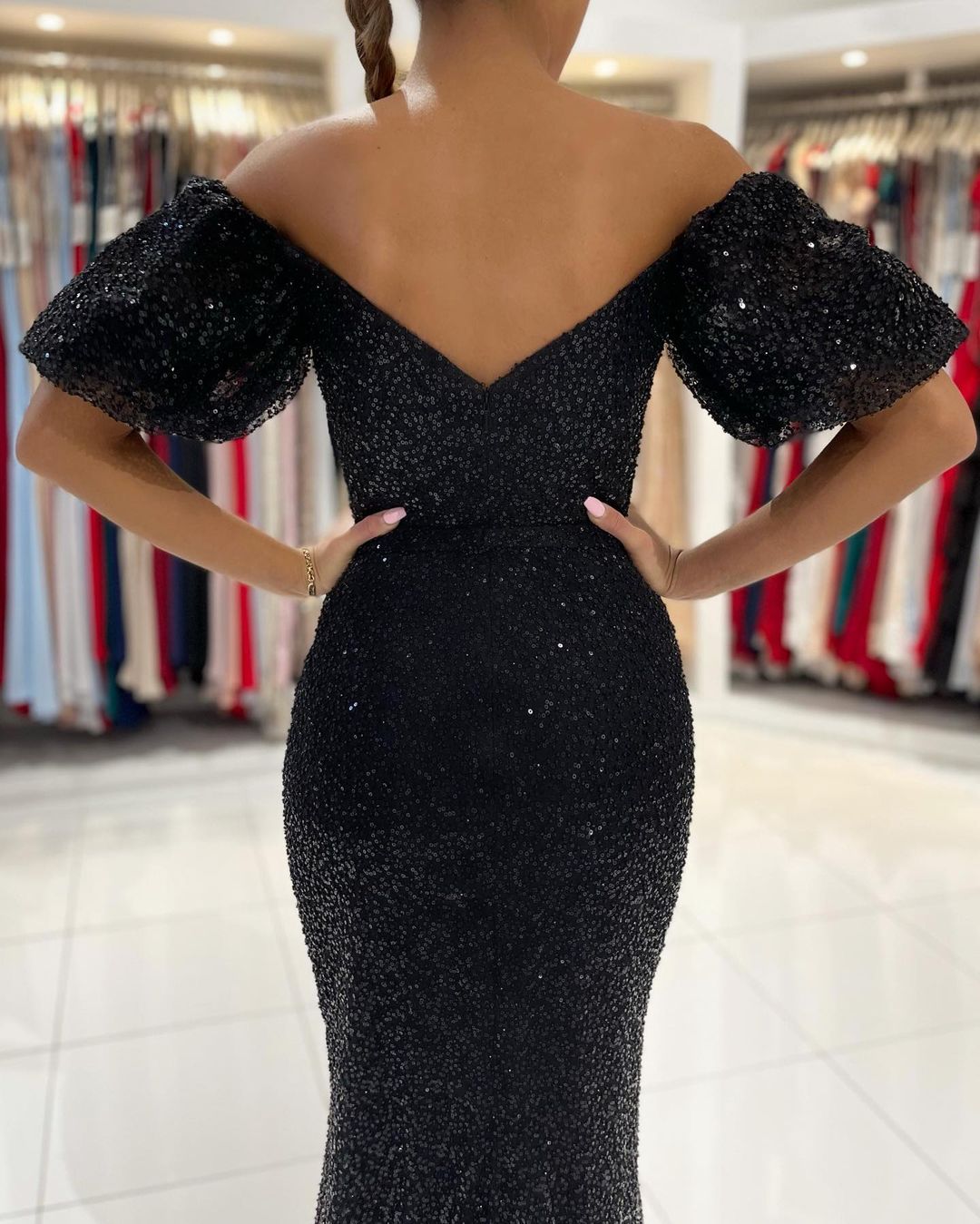 Glamorous Black Mermaid Sequins Prom Dress Long Split Off-the-Shoulder