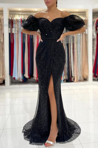 Robe de bal sirène noire glamour à sequins, longue fente, épaules dénudées