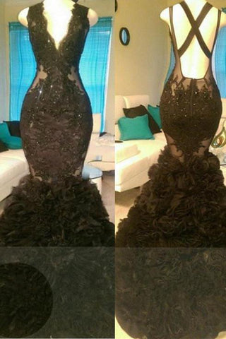 Glamorous Black Mermaid V-Neck Tulle Appliques Backless Formal Dresses