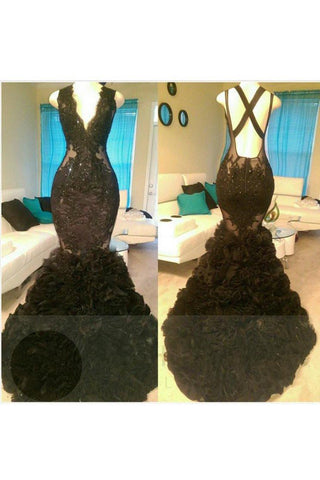 Glamorous Black Mermaid V-Neck Tulle Appliques Backless Formal Dresses