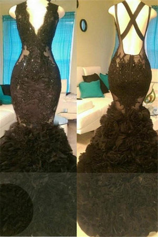 Glamorous Black Mermaid V-Neck Tulle Appliques Backless Formal Dresses