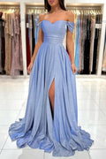Glamuroso vestido de noche largo azul brillante con hombros descubiertos, sin mangas y abertura