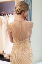 Glamorous Cap Sleeves Mermaid Golden Beading Evening Gown