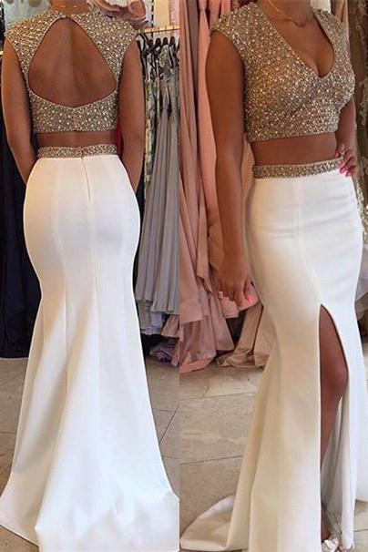 Glamorous Designer Two Piecess Prom Dresses Beadings Cap Sleeve Long Party Gowns