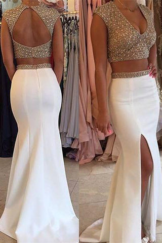 Glamorous Designer Two Piecess Prom Dresses Beadings Cap Sleeve Long Party Gowns