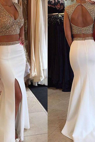 Glamorous Designer Two Piecess Prom Dresses Beadings Cap Sleeve Long Party Gowns