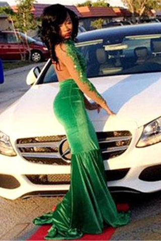 Vestidos de fiesta de sirena con abertura, apliques de encaje y manga larga en color verde glamuroso