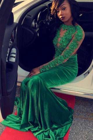 Vestidos de fiesta de sirena con abertura, apliques de encaje y manga larga en color verde glamuroso