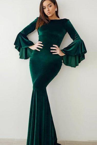 Glamorous Green Mermaid Velvet Prom Dresses Online Flare Sleeve Vintage Evening Dresses