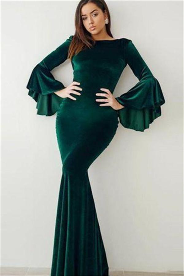 Vestidos de fiesta de sirena verde glamurosos de terciopelo, vestidos de noche vintage con mangas acampanadas disponibles en línea