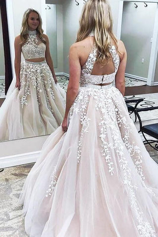 Glamorous Halter Designer Two Pieces Applique Prom Dresses Chic Lace Up Crystal Evening Dresses with Beads