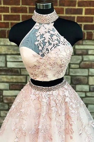 Glamorous Halter Designer Two Pieces Applique Prom Dresses Chic Lace Up Crystal Evening Dresses with Beads