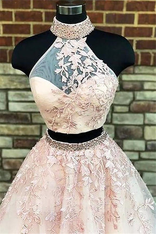 Glamorous Halter Designer Two Pieces Applique Prom Dresses Chic Lace Up Crystal Evening Dresses with Beads