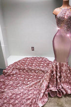 Glamorous Halter Mermaid Pink Formal DressesLace With 3D-Floral Flowers Bottom