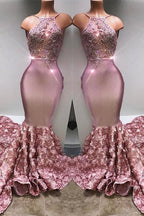 Glamorous Halter Mermaid Pink Formal DressesLace With 3D-Floral Flowers Bottom