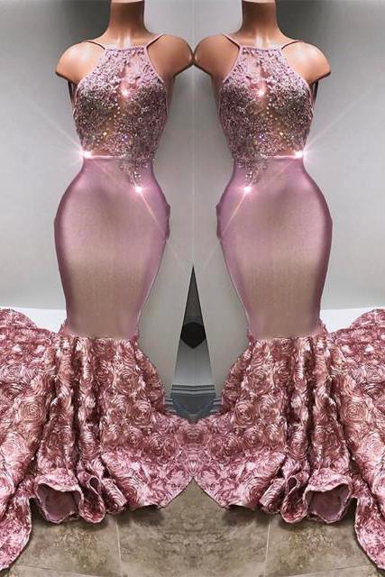 Glamorous Halter Mermaid Pink Formal DressesLace With 3D-Floral Flowers Bottom