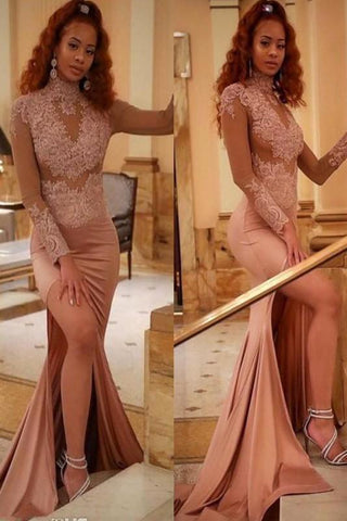 Vestidos de fiesta glamurosos de manga larga con apliques y cuello alto. Elegantes vestidos de noche estilo sirena con abertura y cuentas.