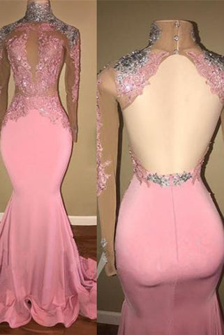 Vestidos de fiesta rosas glamurosos de corte sirena, con cuello alto y espalda descubierta, con apliques de encaje