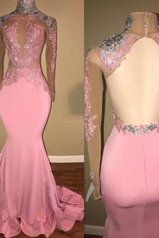 Vestidos de fiesta rosas glamurosos de corte sirena, con cuello alto y espalda descubierta, con apliques de encaje