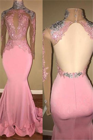 Vestidos de fiesta rosas glamurosos de corte sirena, con cuello alto y espalda descubierta, con apliques de encaje