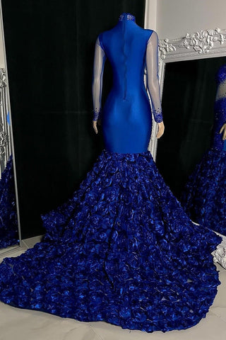 Glamorous High Neck Long Sleeves Prom Dress Mermaid Flowers Bottom With Beads